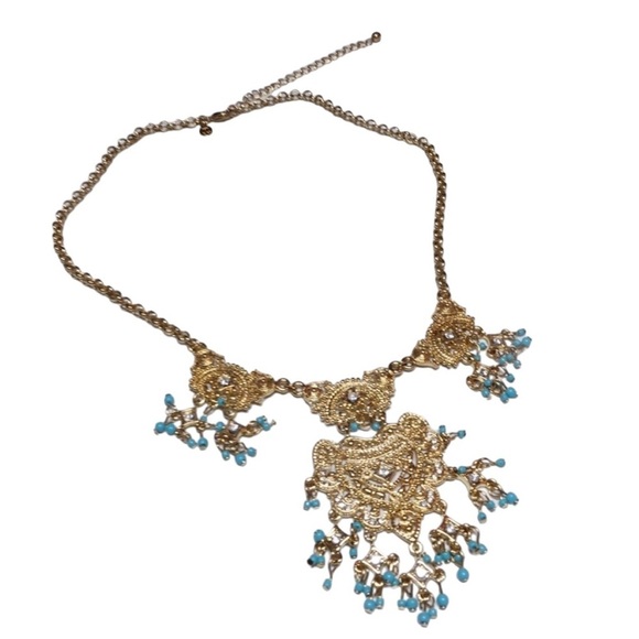 JC Gold Tone & Turquoise Colored Stones Statement Necklace Dangle Chandelier - Picture 1 of 11